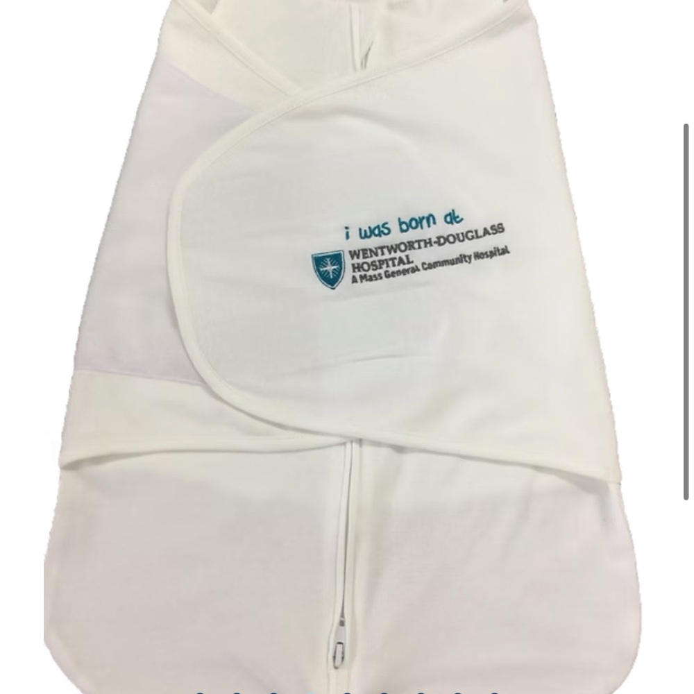 White Newborn Hospital sleep sack with Blue Logo